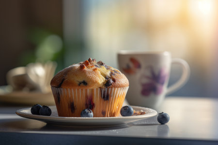 Delicious blueberry muffin cupcake decorated blueberries served with a cup of coffee. Dessert served with afternoon tea or coffee. Generative AI.の素材