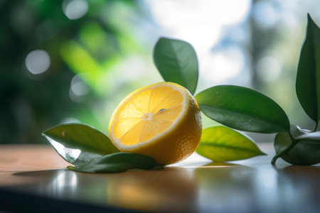 Fresh ripe lemon with green leaves on wooden table. Lots ot sunlight. Generative AI.の素材