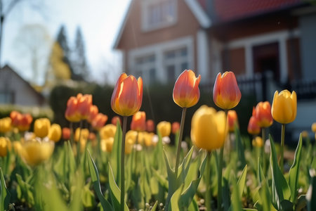 Beautiful colorful tulips blossoming in front of a big house. Generative AI.の素材