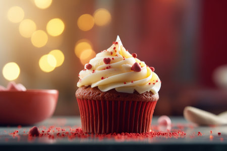 Delicious red velvet cupcake decorated with frosting and heart shaped sprinkles. Dessert served with afternoon tea or coffee. Generative AI.の素材