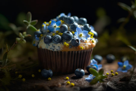 Delicious chocolate cupcake decorated with blue frosting, blueberries and small blue flowers. Dessert served with afternoon tea or coffee. Generative AI.の素材