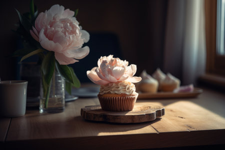 Delicious cupcake decorated with pink frosting and peonie flower. Dessert served with afternoon tea or coffee. Generative AI.の素材
