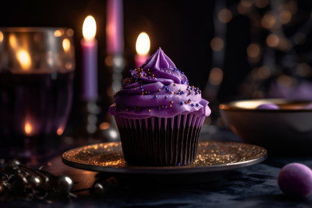 Delicious cupcake decorated with purple frosting and glittery sprinkles. Dessert served with afternoon tea or coffee. Generative AI.の素材