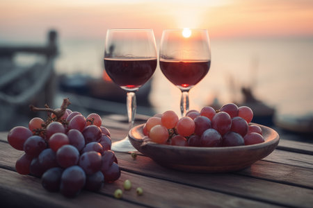 Two glasses of red wine and some grapes in a restaurant overlooking beautiful mediterranean landscape on sunset. Drinking wine, evening lights, sun setting in Italy. Generative AI.の素材