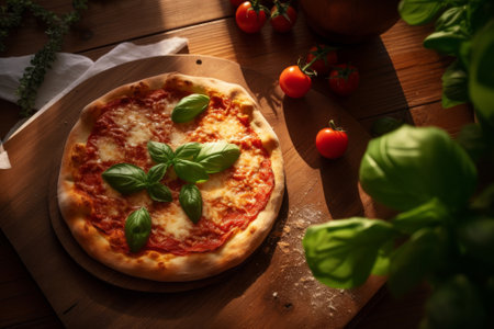Pizza Margherita on a wooden table, top view. Pizza Margarita with tomatoes, basil and mozzarella cheese. Generative AI.の素材