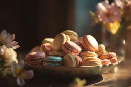Colorful French macarons on wooden table surrounded with beautiful flowers. Dessert served with afternoon tea or coffee. Generative AI.の素材
