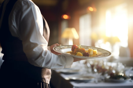 Waiter carrying a plate with some fancy dish on festive event, party or wedding reception. Generative AI.の素材