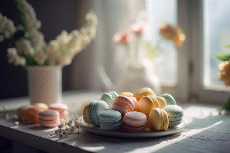 Colorful French macarons on wooden table surrounded with beautiful flowers. Dessert served with afternoon tea or coffee. Generative AI.の素材