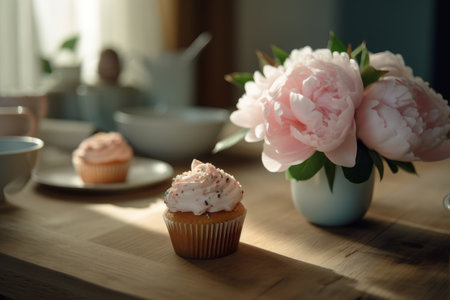 Delicious cupcake decorated with pink frosting and colourful sprinkles. Dessert served with afternoon tea or coffee. Generative AI.の素材