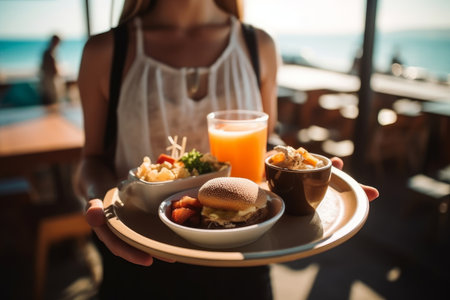 Waitress carrying a tray with tasty looking food in outdoor restaurant or food court. Generative AI.の素材