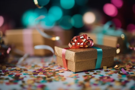 Gift wrapped in golden paper with glittery ribbon, confetti, lights in background. Celebrating New Years Eve. Generative AI.の素材