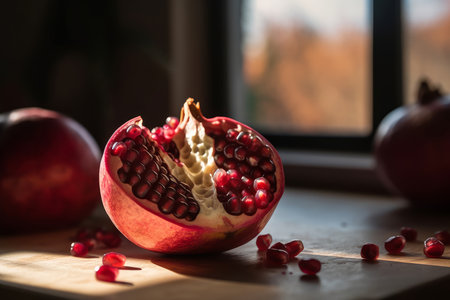 Delicious juicy pomegranate fruit cut in half on a wooden table. Generative AI.の素材
