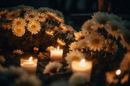 Lots of lit candles and white chrysanthemum flowers at the cemetery. Celebrating All Saints Day at graveyard at night. Generative AI.の素材