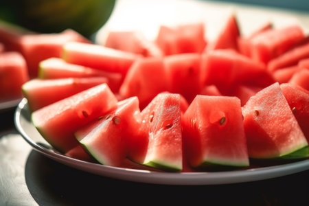 Watermelon slices on a plate on sunlit table. Generative AI.の素材