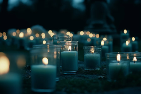 Lots of lit candles and white chrysanthemum flowers at the cemetery. Celebrating All Saints Day at graveyard at night. Generative AI.の素材