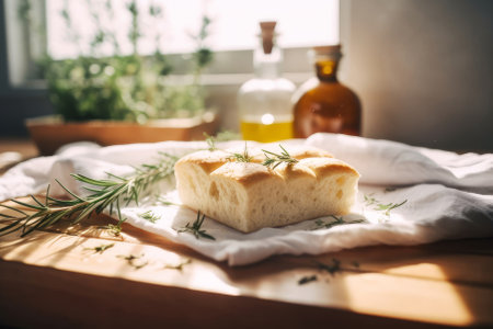 Freshly baked focaccia bread on a white kitchen towel on a wooden table. Bright sunny interior. Generative AI.の素材