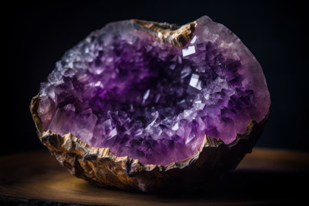 Beautiful violet and blue amethyst geode glowing in morning light on wooden shelf of a gemstone store. Generative AI.の素材