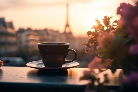 Cup of coffee on a table of outdoor restaurant surrounded by flowers in Paris. Having a cup of tea in Parisian street. Generative AI.の素材