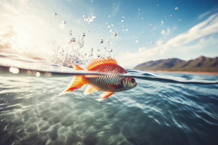 A goldfish jumping out of the water on sunny summer day, super wide angle shot. Generative AI.の素材
