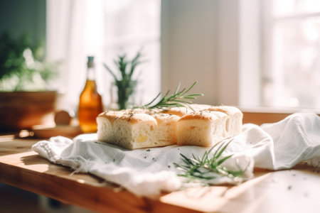Freshly baked focaccia bread on a white kitchen towel on a wooden table. Bright sunny interior. Generative AI.の素材