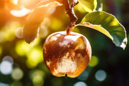 Shining apple made of gold hanging on a apple tree branch in sunny garden. Generative AI.の素材