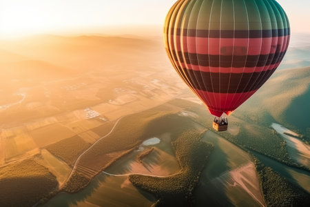 Colourful hot air balloon floating over distant fields and meadows on sunny sunset. Generative AI.の素材
