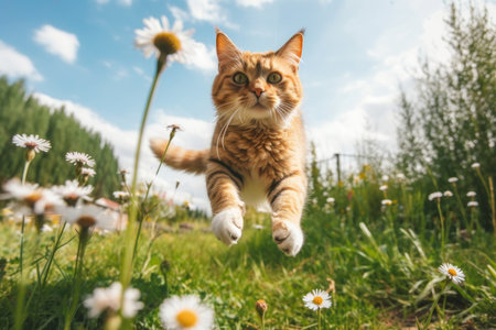 Fluffy cat running at fast pace towards the camera in flowering meadow, super wide angle shot. Generative AI.の素材