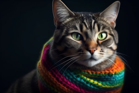Stylish portrait of a hipster cat dressed as human. Kitty wearing a scarf. Generative AI.の素材