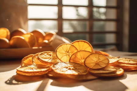Dried orange slices on a wooden table in sunlit kitchen. Generative AI.の素材