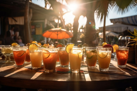 Colourful refreshing cold cocktail shots on the wooden table served in beach bar on summer day. Generative AI.の素材