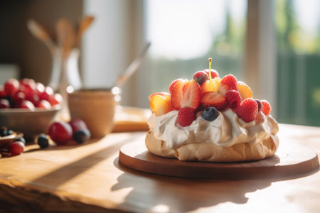 Delicious Pavlova dessert decorated with whipped cream and variuos fruits and berries. Dessert served with afternoon tea or coffee. Generative AI.の素材