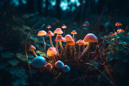 Magical hallucinogenic mushrooms glowing in dark fantasy forest at night. Generative AI.の素材