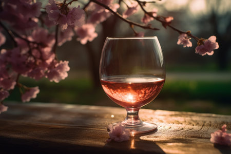 A glass of pink wine on a wooden table surrounded with blossoming pink cherry flowers. Generative AI.の素材