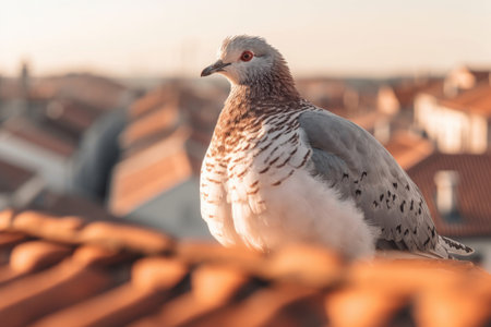 Pigeon sitting on a rooftop in european city on beautiful sunny sunset. Generative AI.の素材