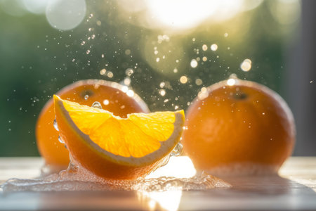 Juicy oranges cut in half. Citrus fruits, sunshine, splashes of water and freshness. Generative AI.の素材