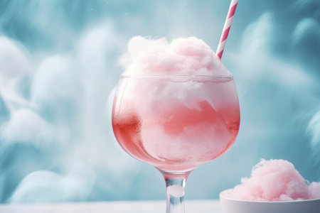 Glass of pastel coloured cotton candy cocktail on bright pink and blue background. Fancy alcoholic beverage. Generative AI.の素材
