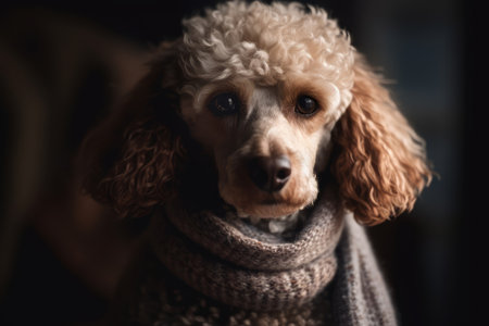 Stylish portrait of a hipster dog dressed as human. Puppy wearing a scarf. Generative AI.の素材