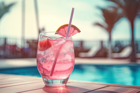 Pink refreshing cold cocktail on the wooden table served on summer day by the pool. Generative AI.の素材