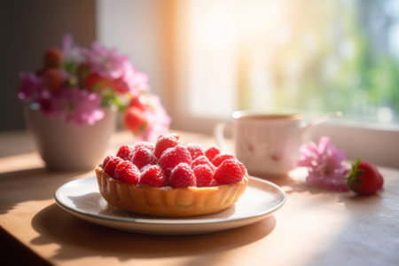 Delicious raspberry tart decorated with tasty fresh berries. Dessert served with afternoon tea or coffee. Generative AI.の素材