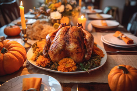 Traditional Thanksgiving table with roasted turkey and small pumpkins and marigold flowers as a decoration. Celebrating traditional autumn holidays. Generative AI.の素材