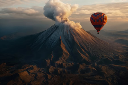Colourful hot air balloon floating over distant hills and mountains on sunset. Erupting volcano on the background. Generative AI.の素材