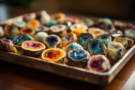 Colourful mineral stones and geodes on wooden shelves of a gemstone store at sunny morning. Generative AI.の素材