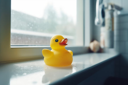 Yellow rubber duck in bright clean bathroom. Generative AI.の素材