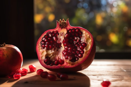 Delicious juicy pomegranate fruit cut in half on a wooden table. Generative AI.の素材