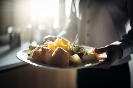 Waiter carrying a plate with some fancy dish on festive event, party or wedding reception. Generative AI.の素材