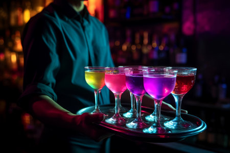 Waiter holding a tray with glowing colourful cocktails. Alcoholic beverages served during a party night. Generative AI.の素材