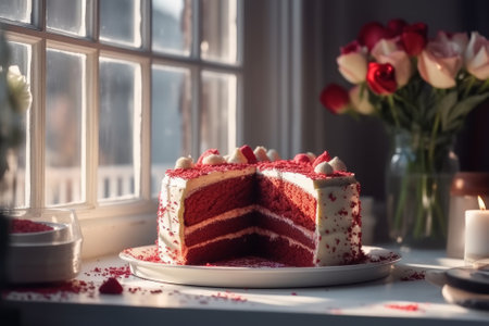 Cut red velvet cake decorated with white frosting on a windowsill. Dessert served with afternoon tea or coffee. Generative AI.の素材