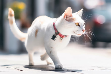 Cat walking outdoors wearing gps tracking device on his collar. Using gps-trackers with pets. Generative AI.の素材