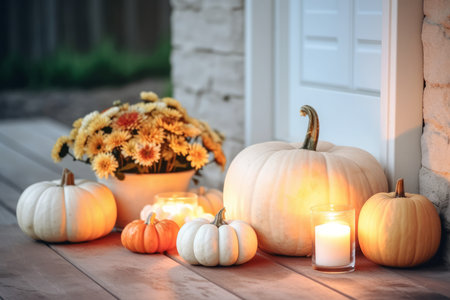 Pumpkins, lit candles and marigold flowers as a Thanksgiving decoration on a doorstep. Celebrating traditional autumn holidays. Generative AI.の素材