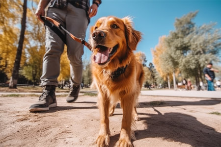 Walking a pet dog in city park on sunny autumn day. Dog on a leash in public place. Generative AI.の素材